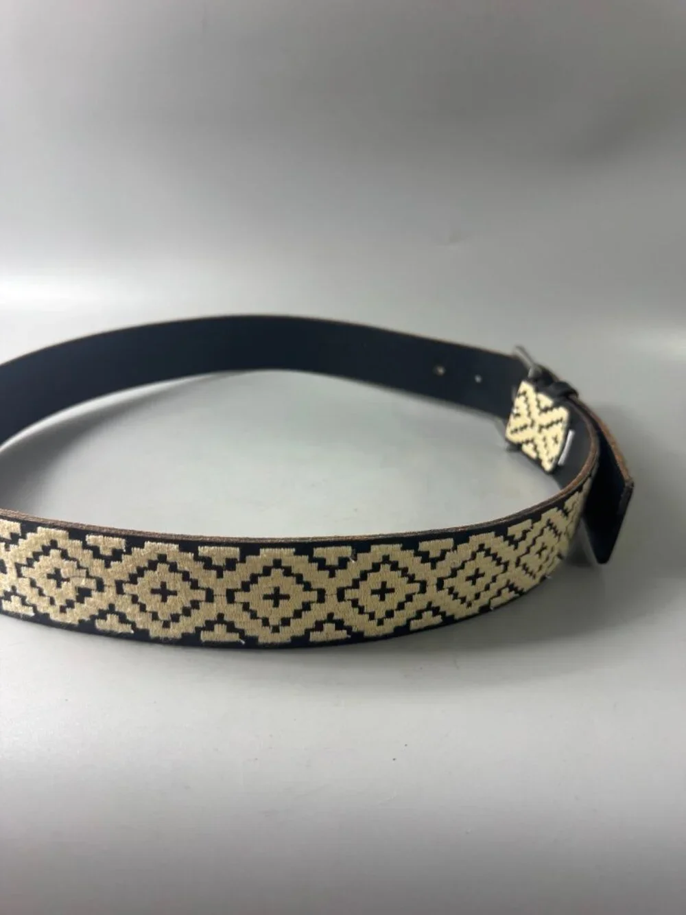 LUCKY BRAND Black Leather Embroidered Tribal Boho Women's Belt, Size M